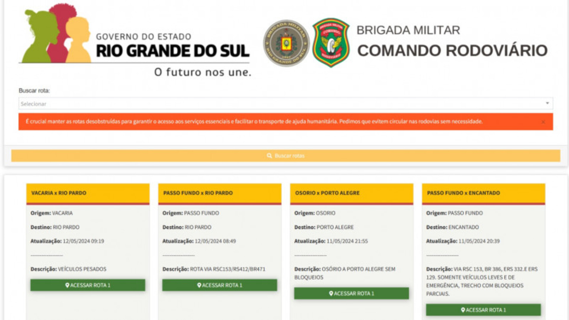 O usuário que clicar em “Estradas” será direcionado para um sistema de busca